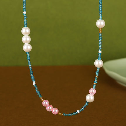 Collar De Cuentas De Vidrio Azul Con Perla De Estilo Bohemio De Moda