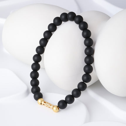 Pulsera De Cuentas De Piedra Negra Con Detalles Dorados, Estilo Elegante