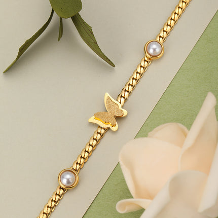 Pulsera De Perlas Con Mariposas En 3D De Cobre Chapado En Oro 14K