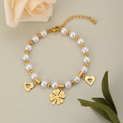 Pulsera De Perlas Con Hojas De Ginkgo De Cobre Chapado En Oro 14K