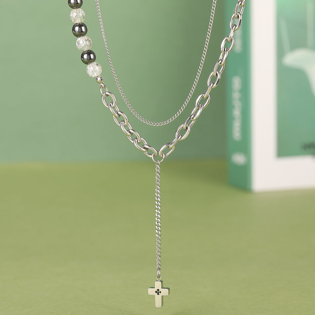 Cadena De Doble Capa De Media Cuentas Media Acero Inoxidable Personalizada Con Colgante De Cruz