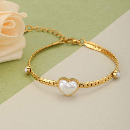 Pulsera De Corazón Con Concha Blanca, Acero Chapado En Oro 14K