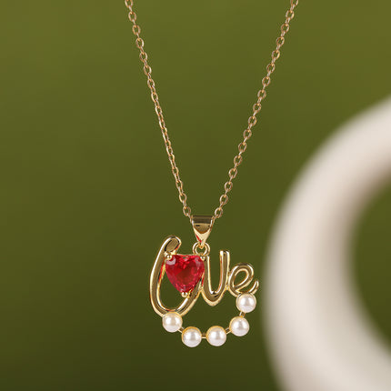 Collar De Cobre Con Colgante De LOVE Y Corazón Tridimensional Con Perlas