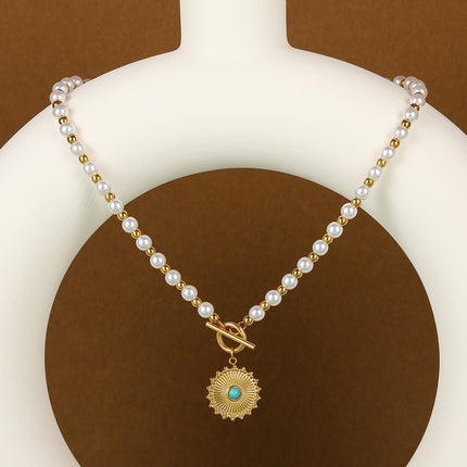 Collar De Perlas Y Bolas Con Colgante De Sol En Forma De Flor De Diseño Único