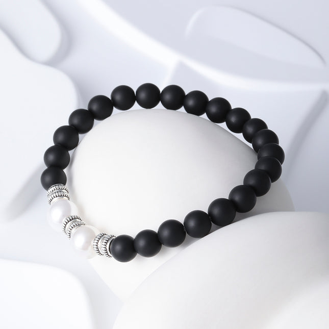 Pulsera De Cuentas De Cristal Negro Con Detalles De Perlas