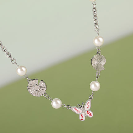 Collar De Cuentas De Perlas Con Mariposa De Acero Inoxidable De Estilo INS Simple De Moda