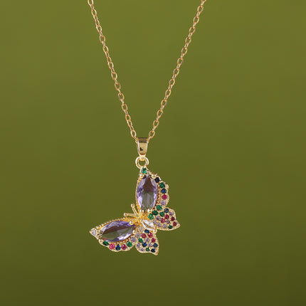 Collar De Cadena De Cobre Con Colgante De Mariposa Colorido De Diamante De Imitación Casual