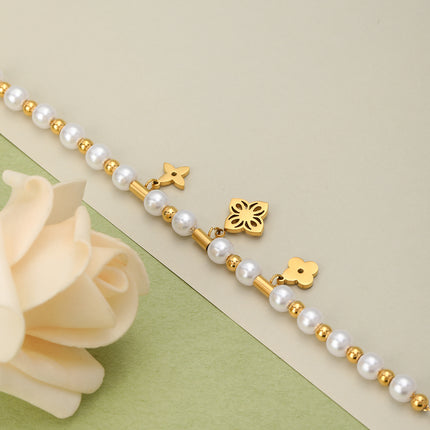 Pulsera Con Diseño De Flor De Cuatro Hojas Y Perlas En Cobre Chapado En Oro 14K