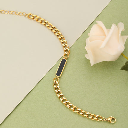 Pulsera Dorada Con Detalles De Rectángulos Negros, Acero Y Acabado 14K