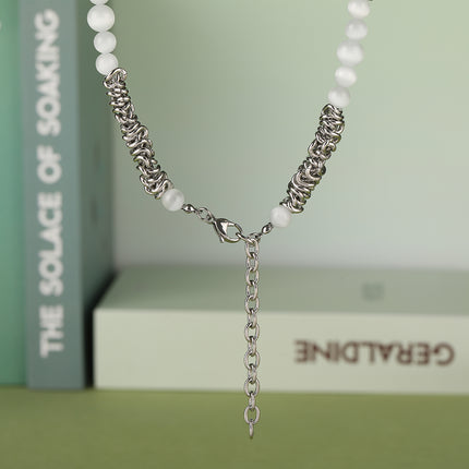 Collar Hermoso De Acero Inoxidable Simple Con Bolas De Ágata Blanca De Moda