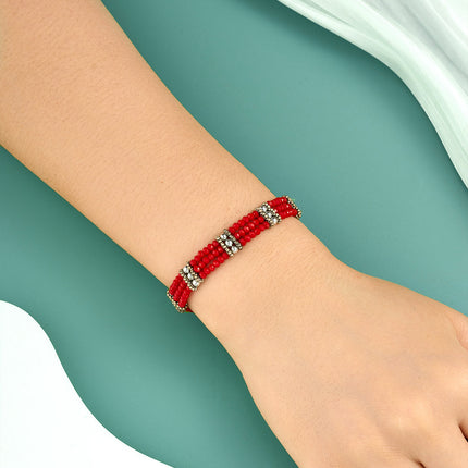 Pulsera Bohemia Multicapa Con Cuentas Rojas De Cristal Y En Aleación