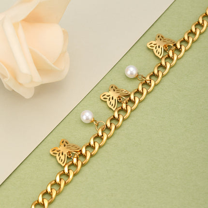 Pulsera De Mariposa Y Perlas De Estilo Cubano En Cobre Chapado En Oro 14K
