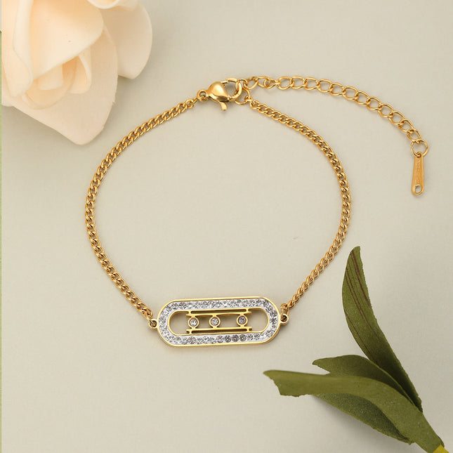 Pulsera De Acero Con Geometría Y Zirconia, Diseño Moderno En Oro De 14K