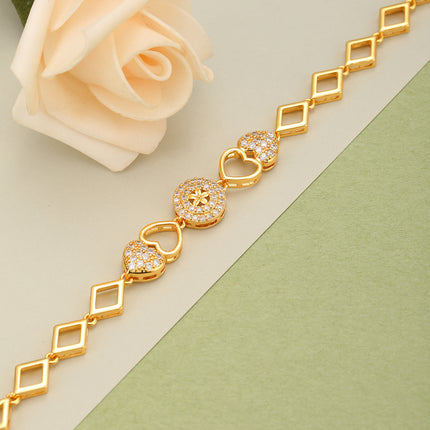 Pulsera De Cadena Cobre Con Corazones De Circonita Y Cadena Romboidal