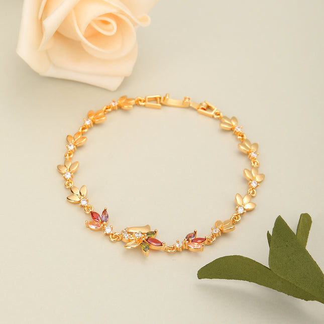 Pulsera De Cobre Con Hojas Multicolor Y Zirconias Incrustadas