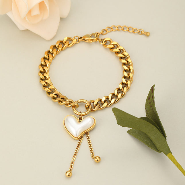 Pulsera De Corazón Con Perlas Y Flecos En Cobre Chapado En Oro 14K