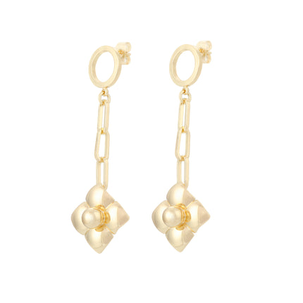 Aretes De Cobre Con Colgante De Flor De Cuatro Pétalos En Oro 18K