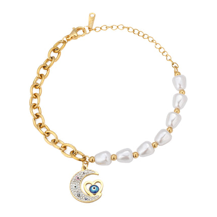 Pulsera De Acero 14K Con Dije De Luna Y Corazón, Cadena Perlas Y Circular