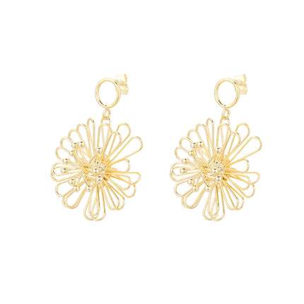Aretes Cobre De Flor Solar Dorada, Diseño Metálico Exagerado