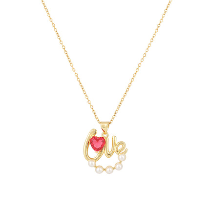 Collar De Cobre Con Colgante De LOVE Y Corazón Tridimensional Con Perlas