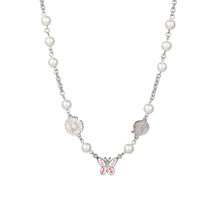Collar De Cuentas De Perlas Con Mariposa De Acero Inoxidable De Estilo INS Simple De Moda