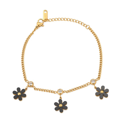 Pulsera De Acero Con Flores Negras Y Zirconias, Baño De Oro 14K