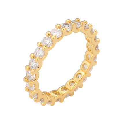 Anillo Con Diseño Clásico Con Filas De Diamantes Zirconia En Cobre Chapado En Oro 14K