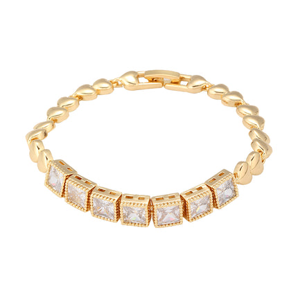 Pulsera De Cobre Con Cadena De Corazones Y Cubos De Zirconia Brillante