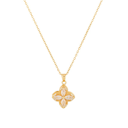Collar Casual Con Flor Tridimensional De Cuatro Hojas De Cobre Para Suerte Con Diamante De Imitación