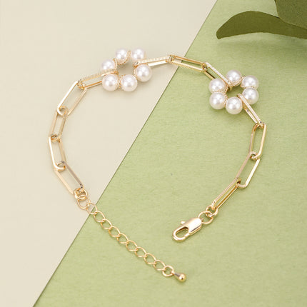 Pulsera De Cobre Con Perlas Imitación Y Cadena De Rectangular Estilo Moda