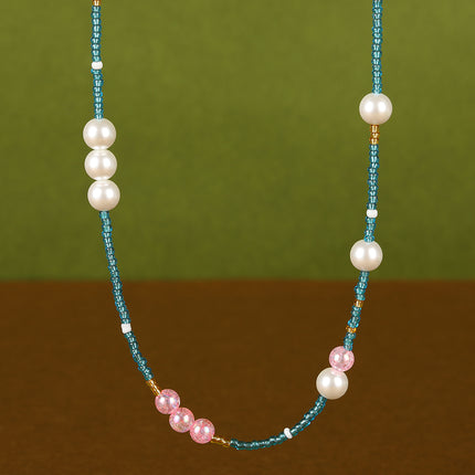 Collar De Cuentas De Vidrio Azul Con Perla De Estilo Bohemio De Moda