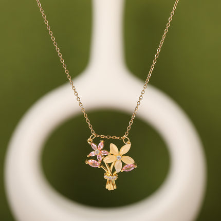 Collar Versátil De Cobre Con Colgante De Diamante De Imitación De Un Ramo De Flores Rosadas