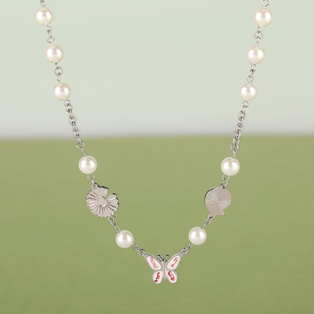 Collar De Cuentas De Perlas Con Mariposa De Acero Inoxidable De Estilo INS Simple De Moda