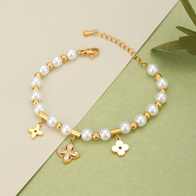 Pulsera Con Diseño De Flor De Cuatro Hojas Y Perlas En Cobre Chapado En Oro 14K