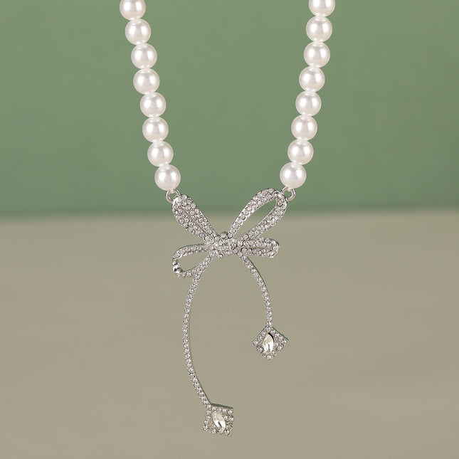 Collar Elegante De Perlas Con Colgante De Cobre De Lazo De Lujo Leve De Moda