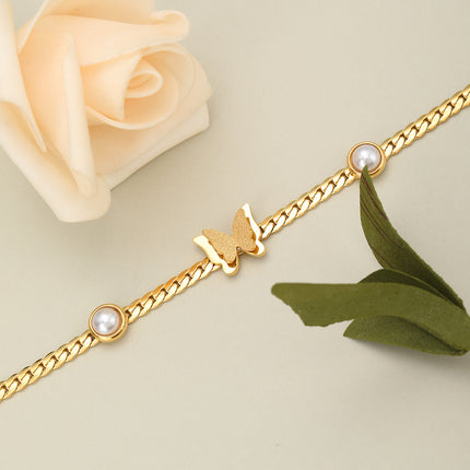 Pulsera De Perlas Con Mariposas En 3D De Cobre Chapado En Oro 14K