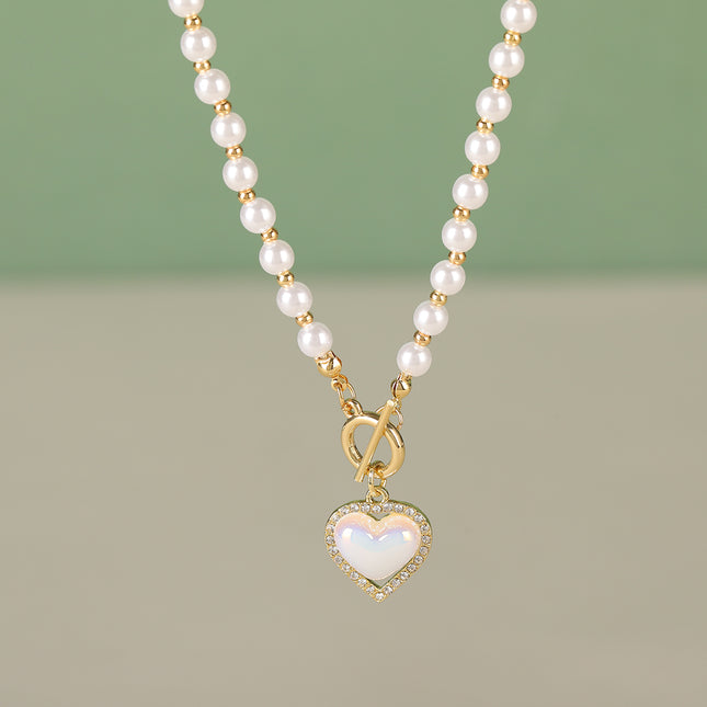 Collar De Cadena De Perlas De Pegamento Con Circón Y Colgante En Forma De Corazón