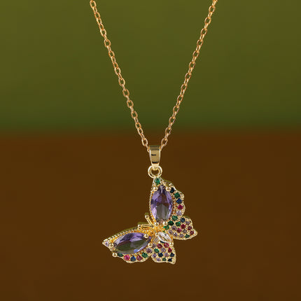 Collar De Cadena De Cobre Con Colgante De Mariposa Colorido De Diamante De Imitación Casual