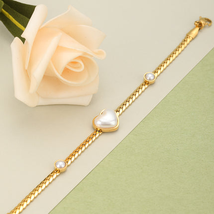 Pulsera De Corazón Con Concha Blanca, Acero Chapado En Oro 14K