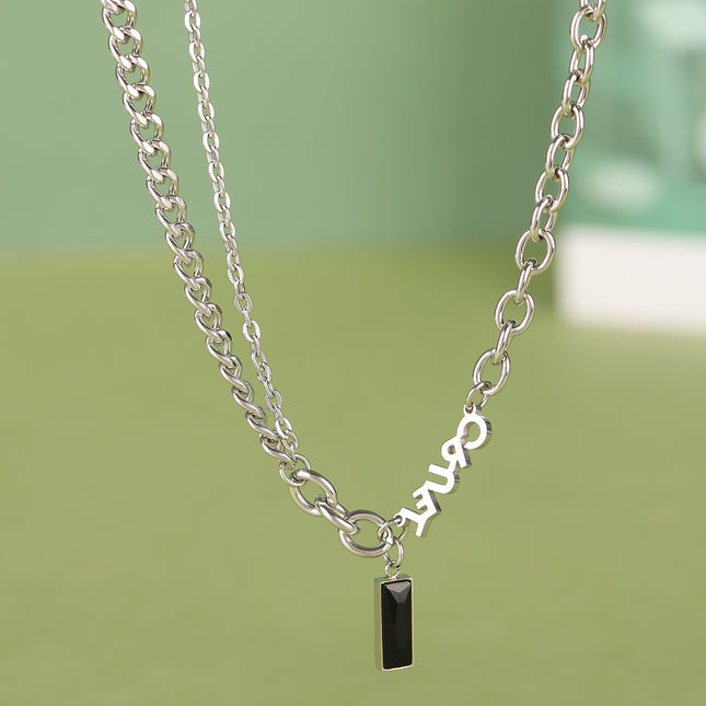 Collar Simple De Acero Inoxidable Con Colgante De Ladrillo Negro De Moda De Cadena Gruesa