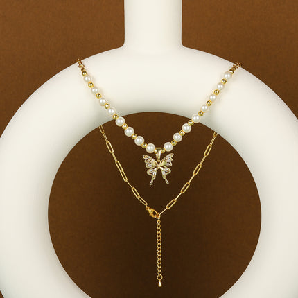 Collar De Lujo Leve De Acero Inoxidable Con Perlas Con Colgante De Mariposa De Moda