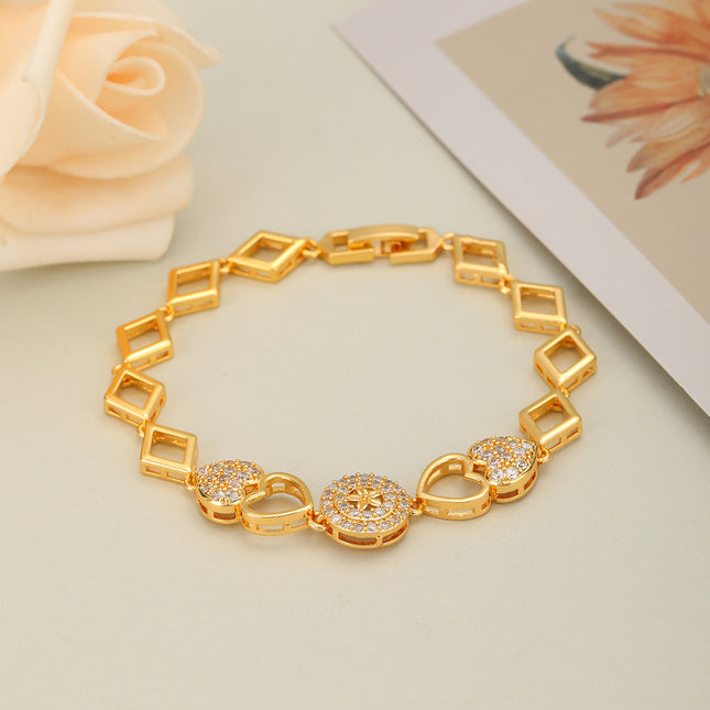 Pulsera De Cadena Cobre Con Corazones De Circonita Y Cadena Romboidal