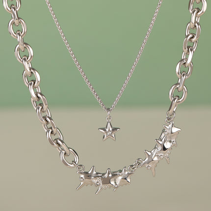 Collar De Doble Capa De Cadena De Acero Inoxidable Con Estrellas De Mar De Moda