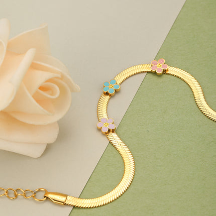 Pulsera Dorada Con Tres Flores De Colores Y Cadena Serpiente