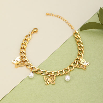 Pulsera De Mariposa Y Perlas De Estilo Cubano En Cobre Chapado En Oro 14K