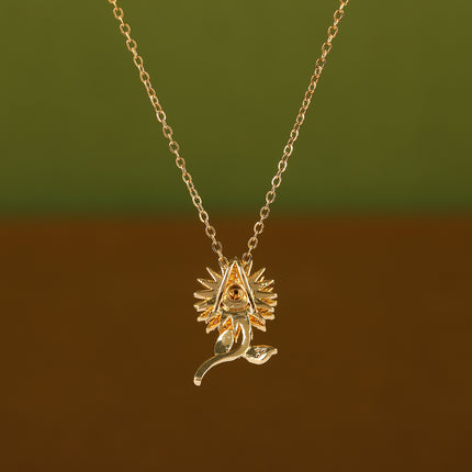 Collar Con Colgante De Girasol Giratorio De Cobre Y Circón De Moda De Acero Inoxidable