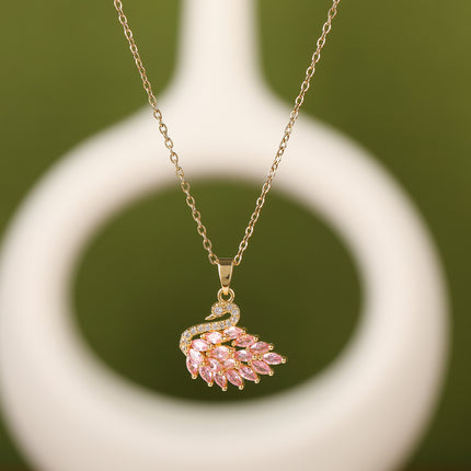 Collar Con Colgante De Cisne De Diamantes De Imitación Rosados De Cadena De Acero Inoxidable