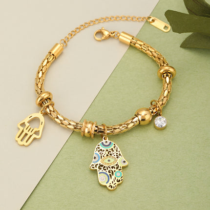 Pulsera De Acero Inoxidable Con Manos De Diablo, Ojo Y Circonita Blanca