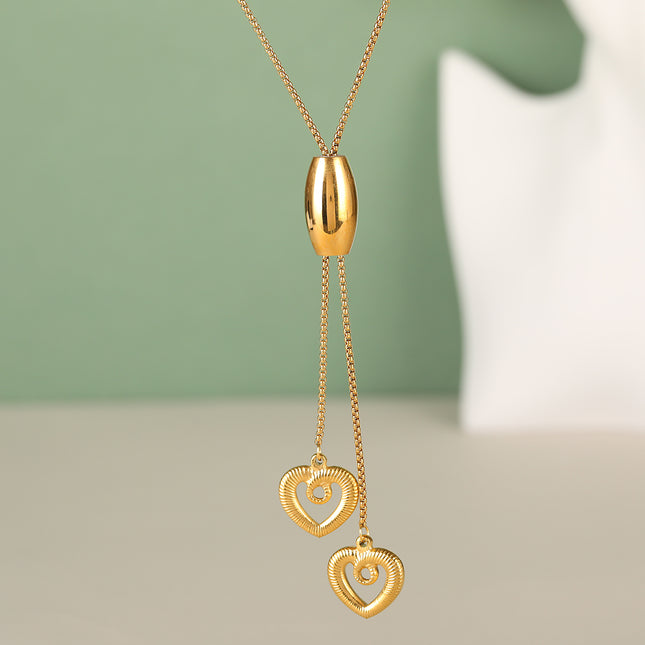 Collar Versátil De Tipo Corbata De Acero Inoxidable Con Borlas De Moda De Doble Corazón