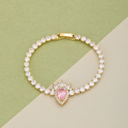 Pulsera De Cadena De Cobre Con Gran Circon Rosa Y Pequeños Circones